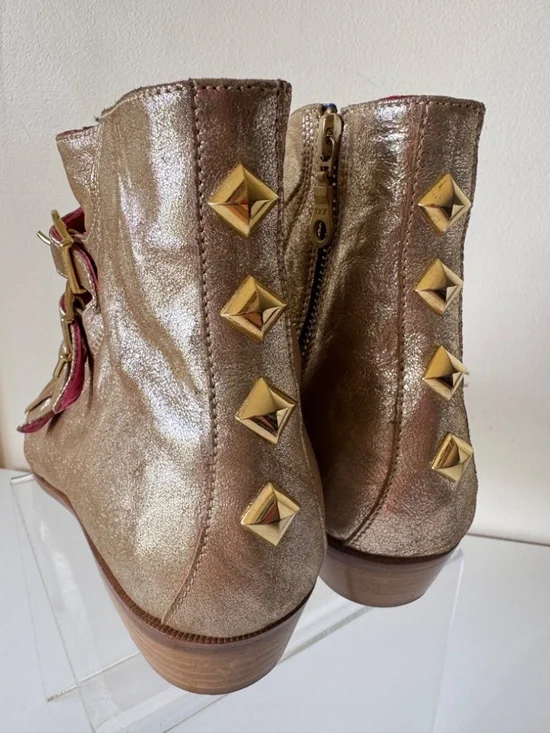 MODERN VICE NYC Handmade Leather Boot Metallic Gold Zip Up Buckle Size 37 Fringe - Picture 6 of 15